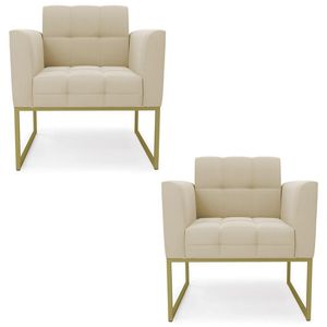 Poltrona Base Industrial Dourado Kit 2 Ana Suede Bege - Ibiza