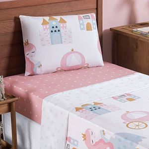 Jogo De Lençol Carrosel Solteiro 3 Peças Infantil Estampado Divertido - Princesa - 100% Poliéster