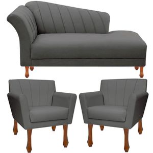 Kit Recamier Sofá Divã Clinica 160 + 2 Poltrona Iza Retro sintetico Cinza