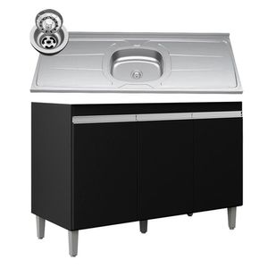 Balcão De Cozinha Com Pia Inox 120cm 3 Portas Manu Preto - Ajl Móveis