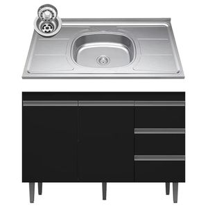 Balcão De Cozinha Com Pia Inox 100cm 3 Gavetas Andréia Preto - Ajl Móveis