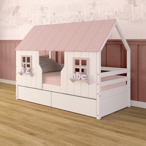 Cama Casinha Encantada Com 02 Gavetas Madeira Maciça Branco/ Rosa Megamobilia
