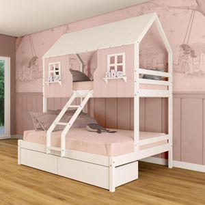 Beliche Casal/ Solteiro Casinha Encantada Com 02 Gavetas Madeira Maciça Rosa/ Branco Megamobilia