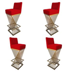 Kit 04 Banquetas Luma Base De Ferro Sued Vermelho D'classe Decor