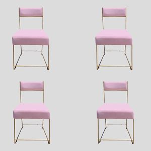 Kit 04 Cadeiras Atena Base De Ferro Maciço Dourada Suede Rosa Bebê D'classe Decor