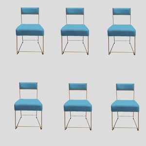 Kit 06 Cadeiras Atena Base De Ferro Maciço Dourada Suede Azul Tiffany D'classe Decor