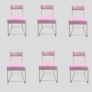 Kit 06 Cadeiras Atena Base De Ferro Maciço Dourada Suede Rosa Bebê D'classe Decor