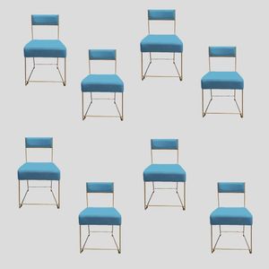 Kit 08 Cadeiras Atena Base De Ferro Maciço Dourada Suede Azul Tiffany D'classe Decor