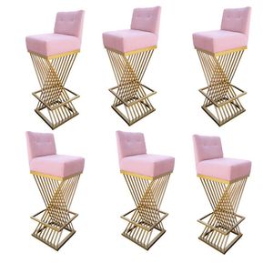 Kit 06 Banquetas Luma Base De Ferro Sued Rosa Bebê D'classe Decor