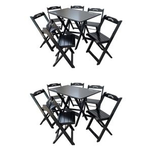 Kit 2 Conjuntos Mesa Dobrável Madeira 110x70 Com 6 Cadeiras Personalizada Jack Preta - Tarimatã