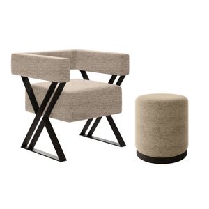 Kit Poltrona E Puff Decorativo Mirela Estilo Industrial Linho Bege