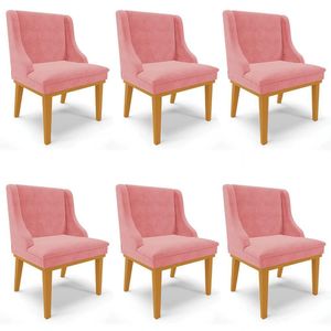 Kit 6 Cadeiras Estofadas Para Sala De Jantar Base Fixa De Madeira Castanho Lia Suede Rosê - Ibiza