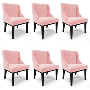 Kit 6 Cadeiras Estofadas Para Sala De Jantar Base Fixa De Madeira Preto Lia Suede Rosa Bebê - Ibiza