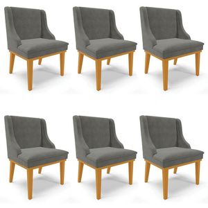 Kit 6 Cadeiras Estofadas Para Sala De Jantar Base Fixa De Madeira Castanho Lia Suede Grafite - Ibiza