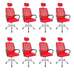 Kit 8 Cadeiras Escritório Diretor Tela Mesh Com Encosto De Cabeça Vermelho E Preto
