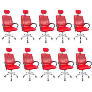 Kit 10 Cadeiras Escritório Diretor Tela Mesh Com Encosto De Cabeça Vermelho E Preto