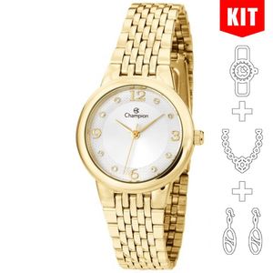 Relógio Champion Kit Feminino Dourado Strass Ch24857b