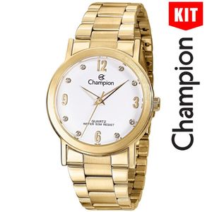 Relógio Champion Kit Feminino Branco Dourado Strass Cn29025w