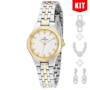 Relógio Champion Kit Feminino Misto Prata Dourado Cn25458d