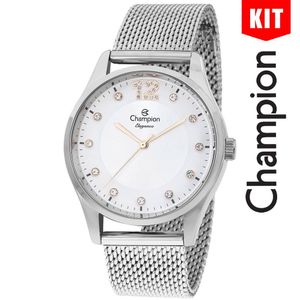 Relógio Champion Kit Feminino Prata Esteira Cn25743d
