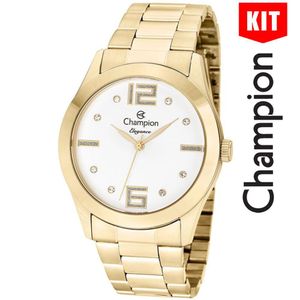 Relógio Champion Kit Feminino Branco Dourado Strass Cn26555w