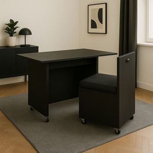 Mesa 2 Em 1 Preto Cadeira Embutida Gavetas Home Office Estudo Rodinhas