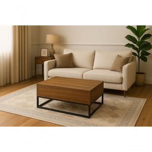 Mesa De Centro Baú Elevável Amadeirado Escuro Vira Mesa De Apoio Notebook Mdf 15mm E Ferro