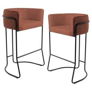 Kit 2 Banquetas Decorativas Base Aço Preto Betina Linho B-355 Laranja - Domi