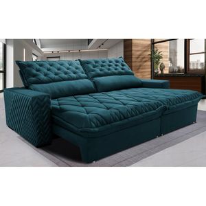 Sofá Retrátil E Reclinável 3,15m Molas Ensacadas Cama Inbox Spazus Com Bordado 3d Velusoft Petróleo