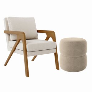Kit Poltrona E Puff Decorativo Escritório Sala Recepção Aira linho Bege