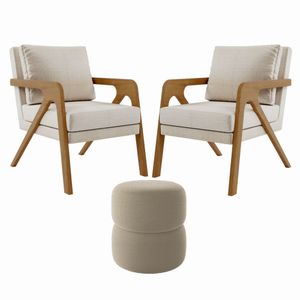 Kit 2 Poltrona Decorativa Puff Sala Moderno Escritório Aira linho Bege