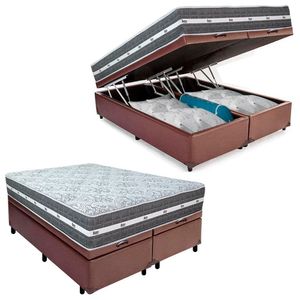 Cama Box Baú Casal Bipartido Sintético + Colchão Anjos Black Graphite Molas Ensacadas 138x188x64cm Cor:marrom