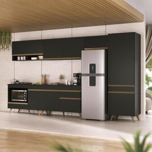 Cozinha Modulada Completa 357cm 6 Peças Com Balcão Para Cooktop Veneza Multimóveis Mp2277 Preto Dourado