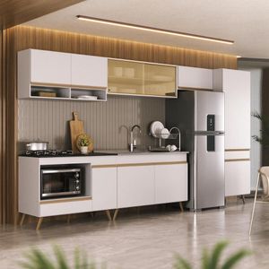 Cozinha Modulada Completa Compacta 6 Peças Com Balcão Para Cooktop Veneza Multimóveis Mp2276 Branco Dourado
