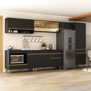 Cozinha Modulada Completa 357cm 6 Peças Com Balcão Para Cooktop Veneza Multimóveis Mp2275 Preto Dourado