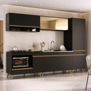 Cozinha Modulada Completa 287cm 5 Peças Com Balcão Para Cooktop Veneza Multimóveis Mp2271 Preto Dourado