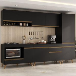 Cozinha Modulada Completa Compacta 5 Peças Com Balcão Para Cooktop Veneza Multimóveis Mp2266 Preto Dourado