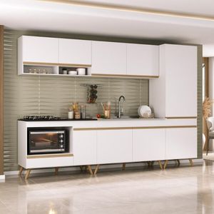 Cozinha Modulada Completa Compacta 5 Peças Com Balcão Para Cooktop Veneza Multimóveis Mp2270 Branco Dourado