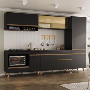 Cozinha Modulada Completa Compacta 287cm Com Balcão Para Cooktop Veneza Multimóveis Mp2267 Preto Dourado