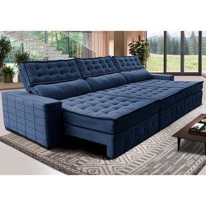 Sofá Retrátil E Reclinável 3,55m Cama Inbox Big Puffer Com Softgel D40 Velupluma Azul