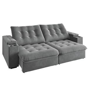Sofá Retrátil E Reclinável 3 Lugares 2,30m Com Porta Copos Veludo New Coliseu Selmer Cinza Cinza