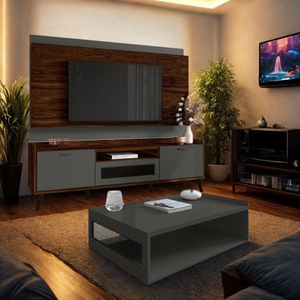 Rack Com Painel 180 Cm Para Tv 75 Liverpool Mesa De Centro Cor:marrom Palisandro/ Cinza Régio