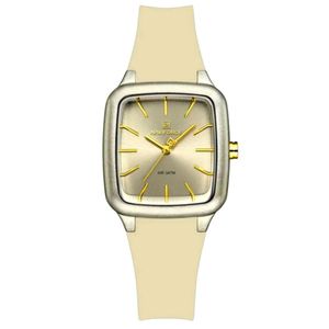 Relogio Feminino Design Quadrado Casual Simples Impermeavel Pulseira Silicone Bege