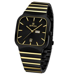 Relógio De Quartzo Masculino Design Esportivo Quadrado Em Aço Inoxidavel Impermeavel Preto Dourado