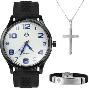 Relogio Masculino Aço Preto + Colar Crucifixo + Pulseira Presente Inoxidável Branco Original Social