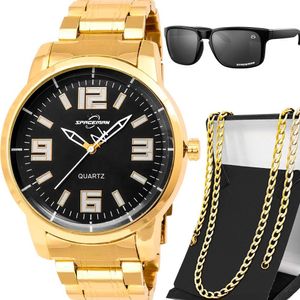 Relogio Masculino Aço Inox Banhado + Cordao + Oculos Sol Qualidade Premium Ponteiro Proteção Uv