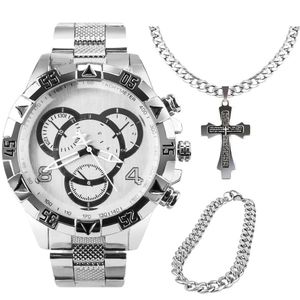 Relogio Masculino Aço Prova Dagua + Pulseira + Crucifixo Social Qualidade Premium Grande