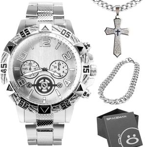 Relogio Masculino Aço Prata + Pulseira + Cordão Cruz + Caixa Grande Qualidade Premium Social Pesado