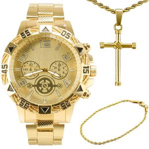 Relogio Masculino Banhado Aço Ouro + Crucifixo + Pulseira Social Robusto Grande Pesado Presente