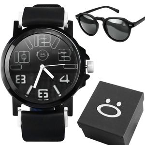 Relogio Masculino Aço Inoxidável Preto + Oculos Sol Pesado Ponteiro Presente Acetato Preto Silicone